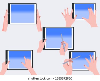 Manos humanas sujetando la colección de comprimidos. Comprimido PC en manos humanas. Colección de imágenes de la pantalla vacía de Touching de mano humana. 