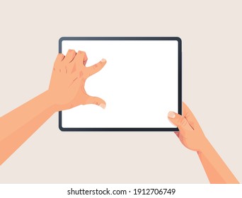 human hands holding tablet pc with blank touch screen using digital device concept isolated horizontal vector illustration