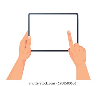 human hands holding tablet pc with blank touch screen using digital device concept isolated