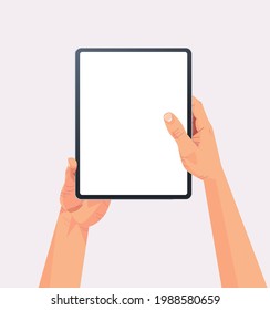 human hands holding tablet pc with blank touch screen using digital device concept isolated vertical