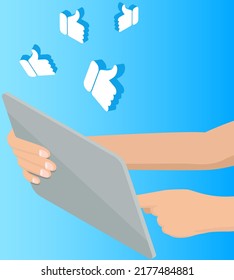 Human hands holding tablet pc pointing with finger to screen, ok icons on blue background. Programmer character working on computer coding, creating new website, software or application development