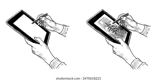 Human hands holding tablet pc, draw, sketch realistic, vector hand drawing isolated on white