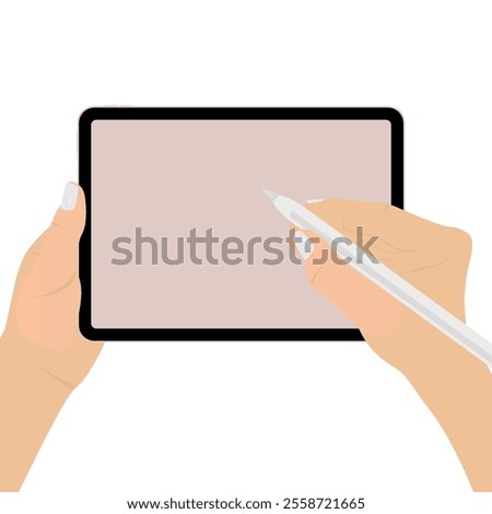 Human Hands Holding Tablet And Pencil, Blank Screen, Isolated On White Background. Flat Vector illustration