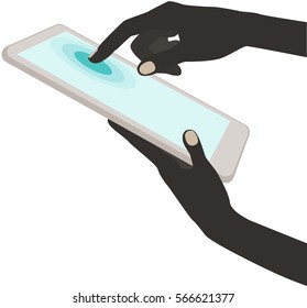 Human hands holding a tablet or a phone and touching a screen