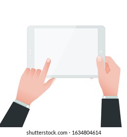 Human Hands holding tablet and point on screen. Flat style vector illustration