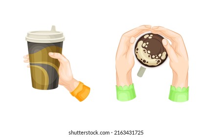Human hands holding takeaway paper cup and ceramic cup of coffee cartoon vector illustration