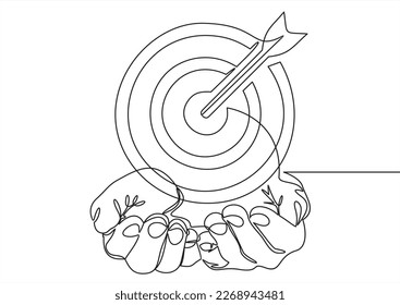 Human Hands Holding Target with Arrow vector icon meaning Goal Achievement-Continuous simple line draw style design graphic vector illustration.