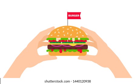 human hands holding tasty burger isolated on white background