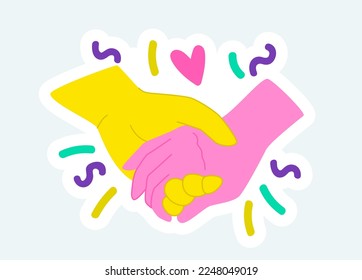 Human hands holding together, support and romantic gesture. Vector illustration in cartoon sticker design