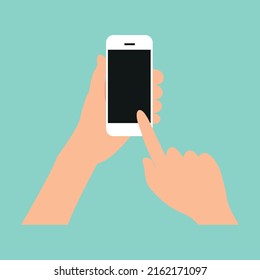Manos humanas sujetando y tocando el smartphone. ilustración vectorial plana de iphone. 