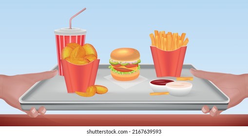 Human hands holding tray with burger chips potato wedges sauces drink at fast food restaurant realistic vector illustration
