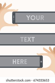 Human hands holding unusual long mobile phone with blank screen - free space for your text.