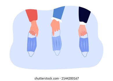 Human hands holding used and crumpled medical face masks. People throwing dirty surgical coronavirus protection for mouth and nose into dustbin flat vector illustration. Pollution, pandemic concept