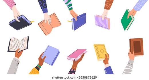 Human hands holding various books on white background. Web banner for Book Exchange or Bookcrossing, Literature event, Book Club, World Book Day, Back to School. Education and knowledge concept.