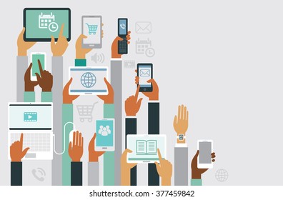 Human hands holding various smart devices copyspace design
