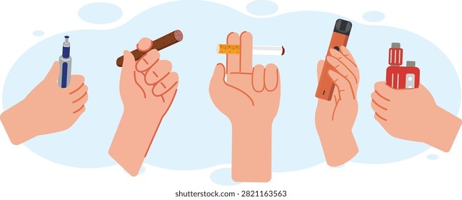 Human hands holding various smoking items including traditional cigarette cigar and vape devices for nicotine addiction habit comparison and health risk education