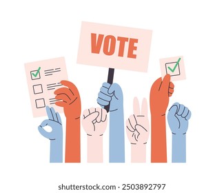 Human hands holding vote ballots, participate in voting. Voting and elections concept. Vector illustration in flat style