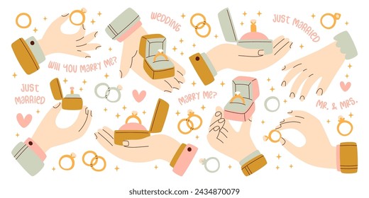 Human hands holding wedding rings with diamond for marriage ceremony, jewelry for romantic proposal and engagement set. Box with beautiful precious gift surprise to get married vector illustration