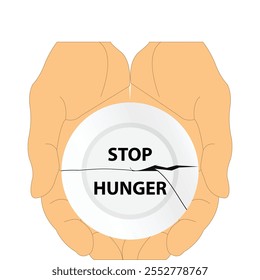 Manos humanas sosteniendo un plato blanco agrietado con el mensaje para detener el hambre