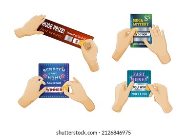 Human hands holding winning scratching lottery tickets with golden coins set. People arms with multicolored gambling win chance coupons with cash award. Fortune game lucky prize vector cartoon