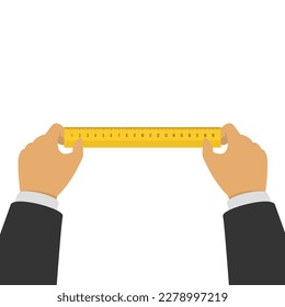 Human hands holding yellow ruler. Flat style illustration.