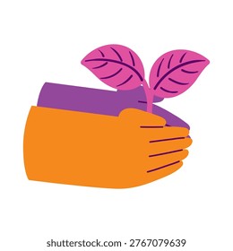 Human hands holding young sprout, shoot, seedling illustration isolated. Plant life, environmental protection, growth, farming, gardening concept, symbol. Hand drawn flat vector, clip art element