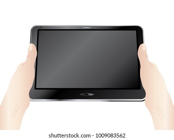 Human hands holds black digital tablet pad.