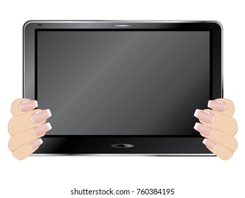 Human hands holds black digital tablet pad.
