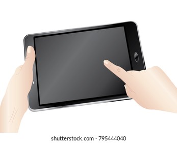 Human hands holds black digital tablet pad.