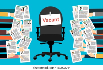 Human hands holds resume, CV form isolated on background. Office chair with vacancy sign. Business hiring and recruitment, job competition concept. Human resources management. Vector flat illustration