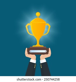 Human hands holds reward. Flat vector illustration