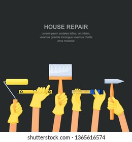 Human hands with home repair tools and equipment. House building banner or poster design template. Vector cartoon illustration on black background.