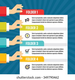 Human hands with horizontal banners - infographic business concept - vector illustration in flat style design for creative projects. Infograph segments. Numbered step options.