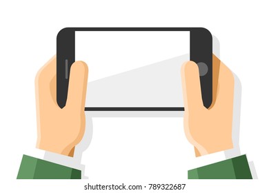 Human hands horizontally holding vector mockup illustration modern black smartphone device on isolated background