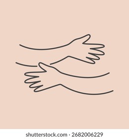 Manos humanas abrazando el icono de línea. Ilustración vectorial