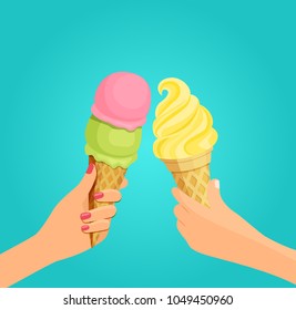 Human hands with ice cream in a waffle cone. Vector flat style illustration