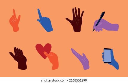 human hands icons set, flat style isolated vector