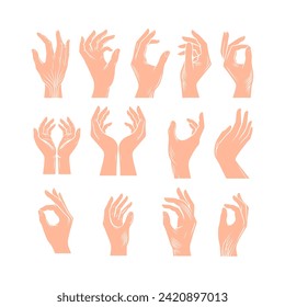 human hands icons set, flat style illustration. Hands  poses silhouettes, set of hand poses. 