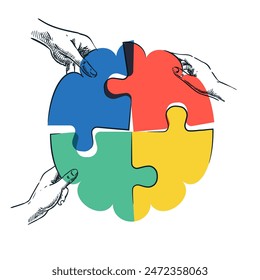 Menschliche Hände verbinden Gehirnform bunte Puzzle. Vektorgrafik handgezeichnete Skizzenzeichnung. Business-Team löst Problem, Verbindungsteile von Puzzle. Teamwork, Intelligenz, Kreativität Lösungskonzept