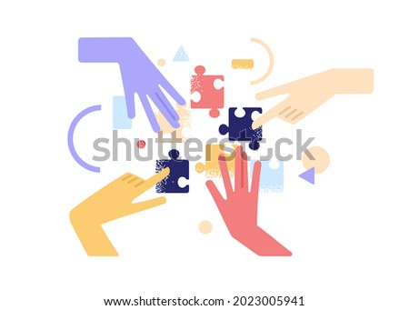 Human hands joining and connecting puzzle pieces together. Teamwork and partnership concept. Business team finding solution and solving problem with jigsaw. Flat vector illustration isolated on white