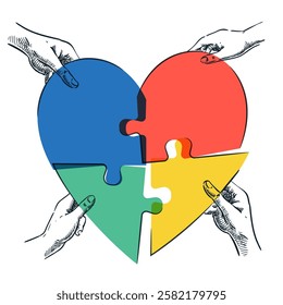 Human hands joining heart shape colorful puzzle. Vector hand drawn sketch illustration. People connecting pieces of jigsaw. Support, social care, donating, volunteering concept