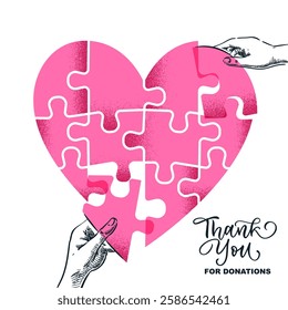 Human hands joining heart shape puzzle. Vector hand drawn sketch illustration. People connecting pieces of jigsaw. Donation, social care, volunteering concept