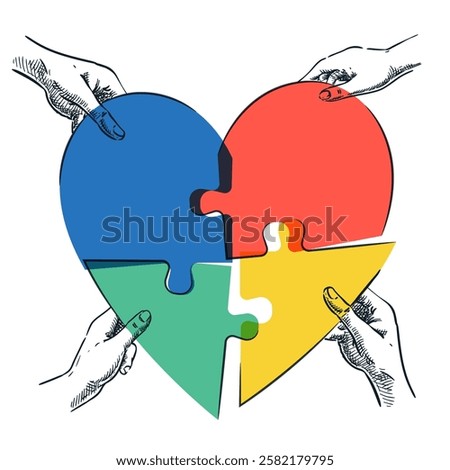 Human hands joining heart shape colorful puzzle. Vector hand drawn sketch illustration. People connecting pieces of jigsaw. Support, social care, donating, volunteering concept