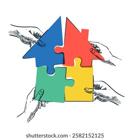 Human hands joining house shape colorful puzzle. Vector hand drawn sketch illustration. Team connecting pieces of jigsaw of home. Real estate investment cooperation, business solution concept