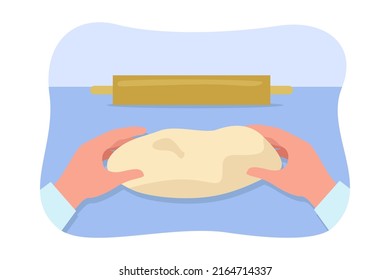 Human hands kneading dough flat vector illustration. Person making bread, pizza, pasta or pie. Homemade food, bakery, process, hobby, occupation concept for banner, website design or landing web page