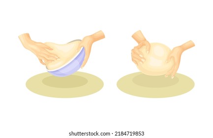 Human hands kneading dough at kitchen table. Bakery, kneading pastry for cookies, buns, pizza or bread vector illustration