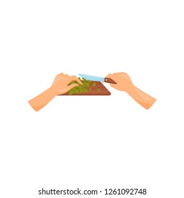 Human hands with a knife cutting fresh parsley on a wooden cutting board, ooking hands vector Illustration on a white background