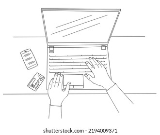 Human hands lie on laptop keyboard. Smartphone and bank plastic card. E-commerce, make and pay for purchases on Internet. Self-employed man works at home. Concept of digital technologies. Sketch