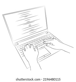 Human hands lie on laptop keyboard. Student is typing scientific report. Programmer writes code. Self-employed man works at home. Freelancer working on laptop. Concept of digital technologies. Sketch