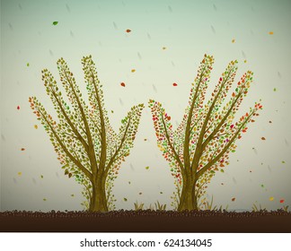 Human hands look like autumn trees with on soil and stretching to the sun, help the tree concept, save the forest idea, sculpture tree pray, vector